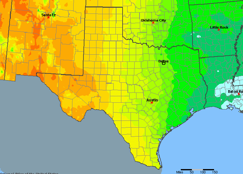 The State of Texas Yearly Average Precipitation